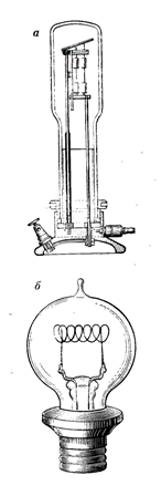 Конструкция лампы накаливания: а - Лодыгина—Дидрихсона, б - Эдисона