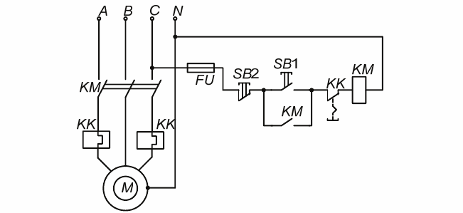 Электрическая принципиальная схема магнитного пускателя с защитой одним двухфазным тепловым реле